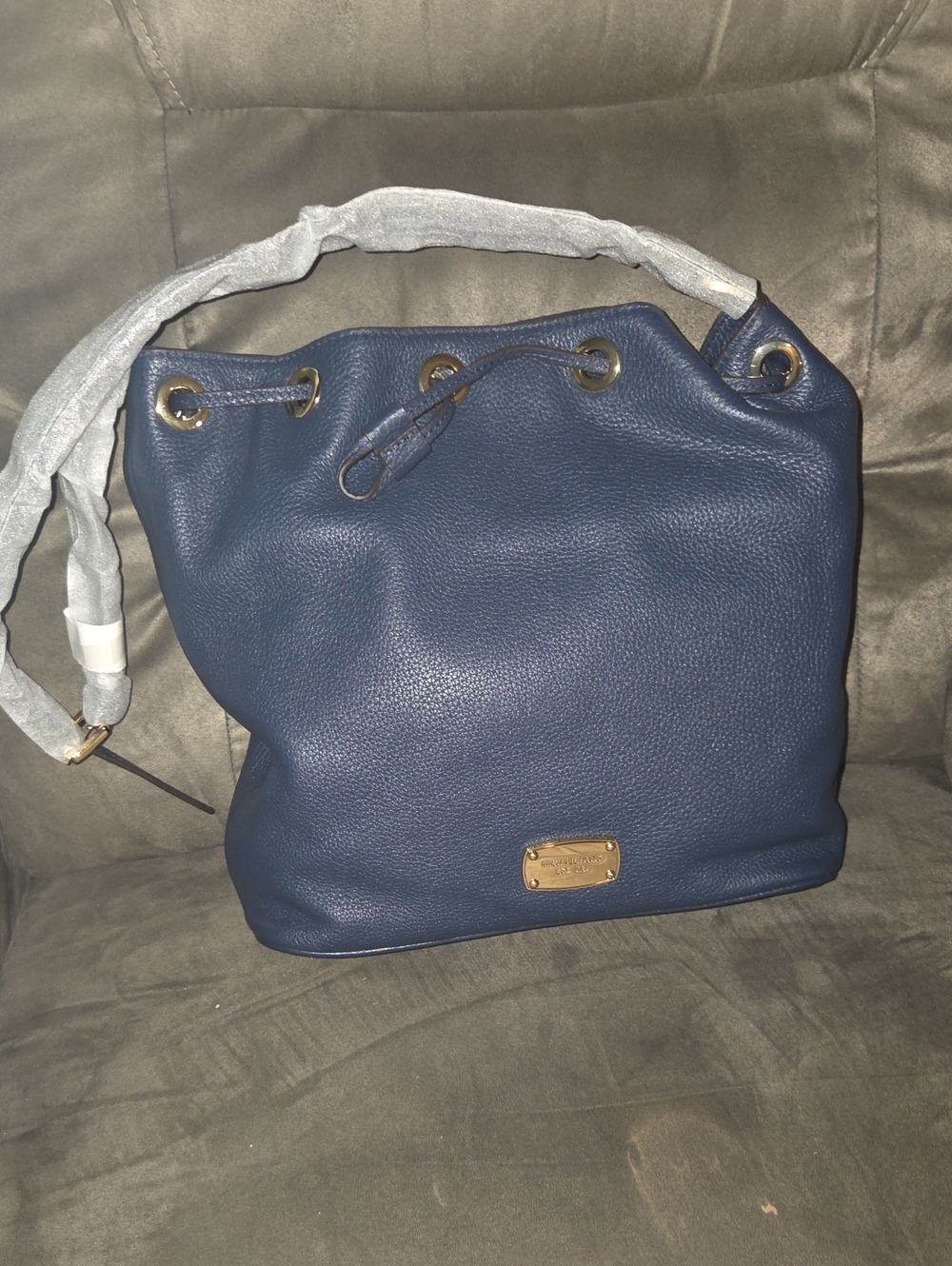 Michael Kors Navy Pebbled Leather Drawstring Shoulder Bag with Gold Hardware
